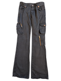 JAKE & IPI black cargo pants with multiple zip pockets and copper button details. Flared leg.