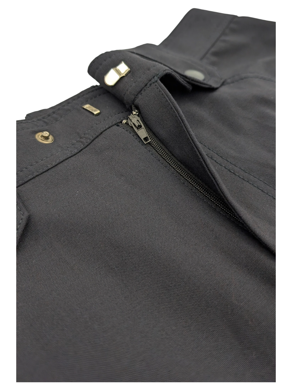 JAKE & IPI black cargo pants with zipper fly and metal button closure.
