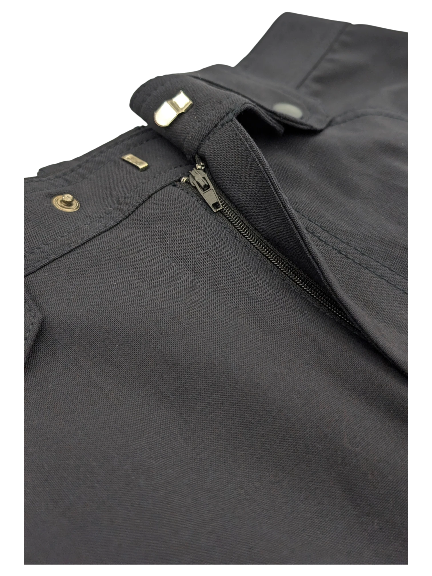 JAKE & IPI black cargo pants with zipper fly and metal button closure.