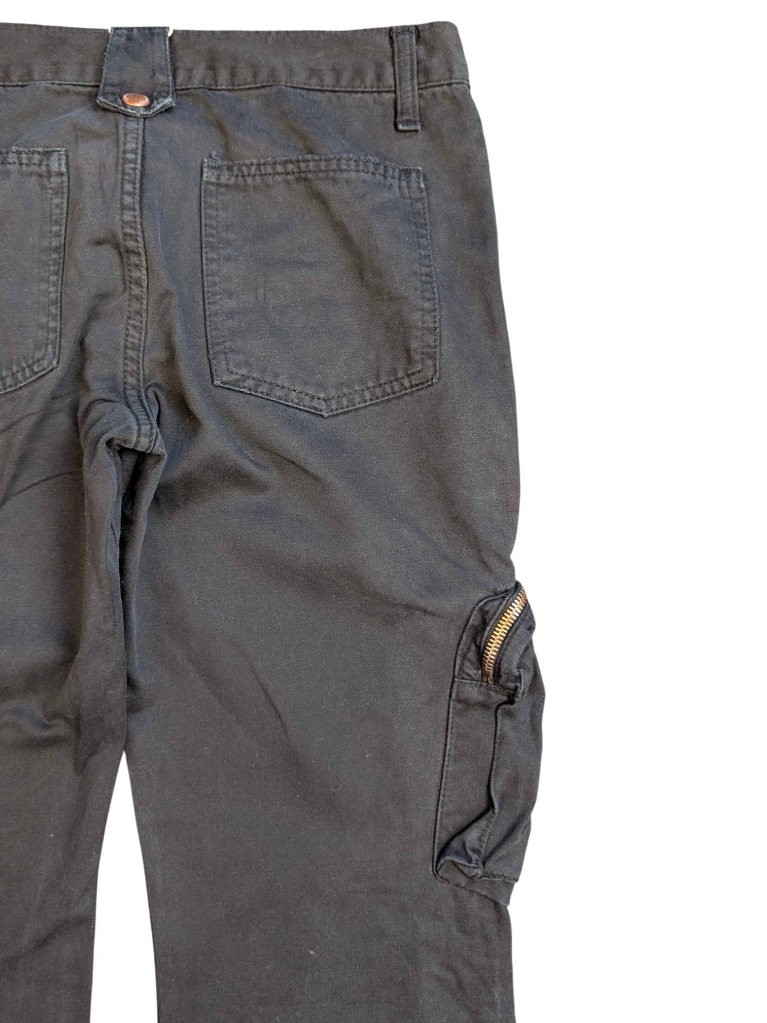 JAKE & IPI black cargo pants with zip pocket detail and button closure.