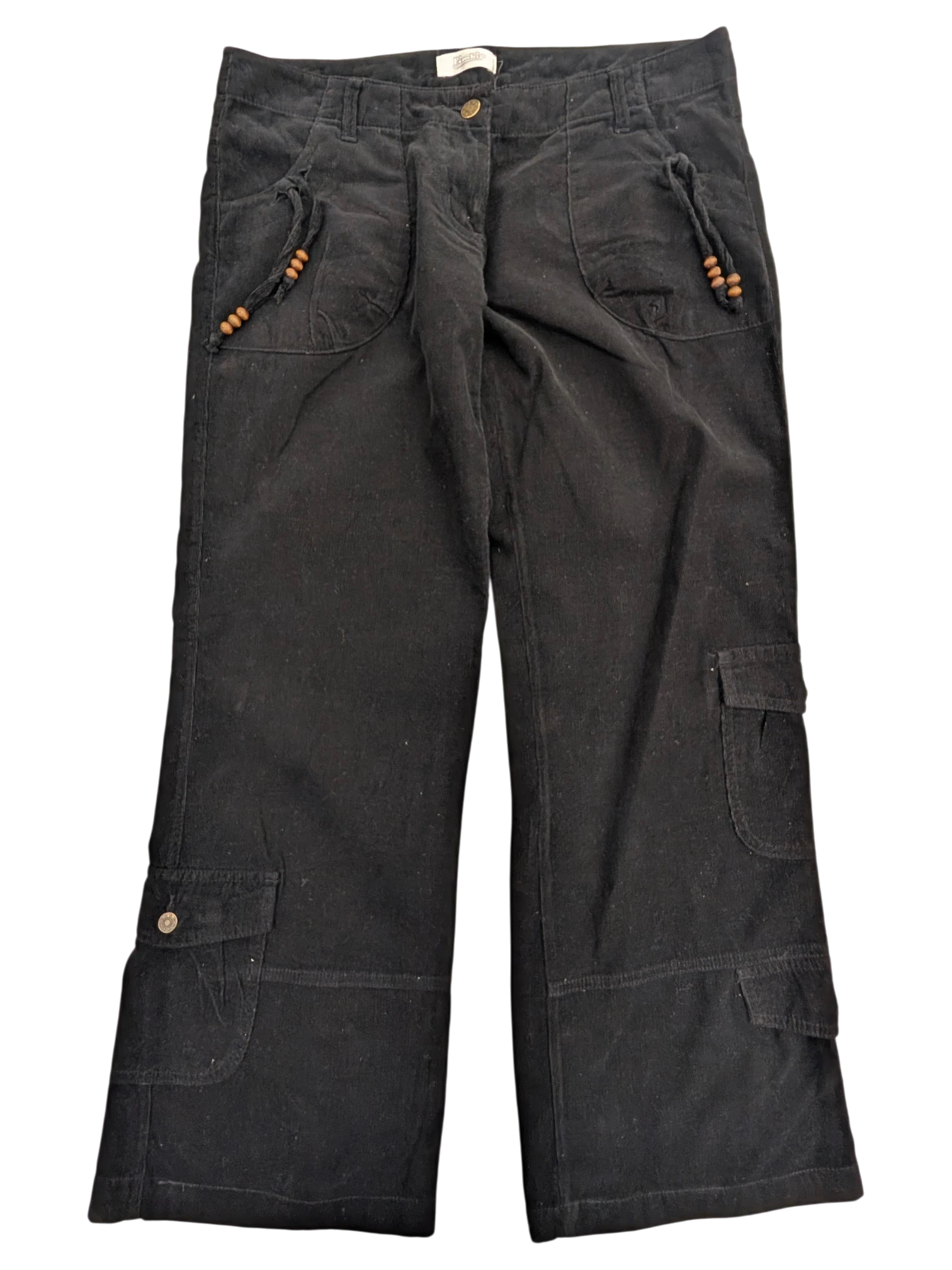 JAKE & IPI black corduroy cargo pants with wooden bead drawstring detail on pockets and button closure.