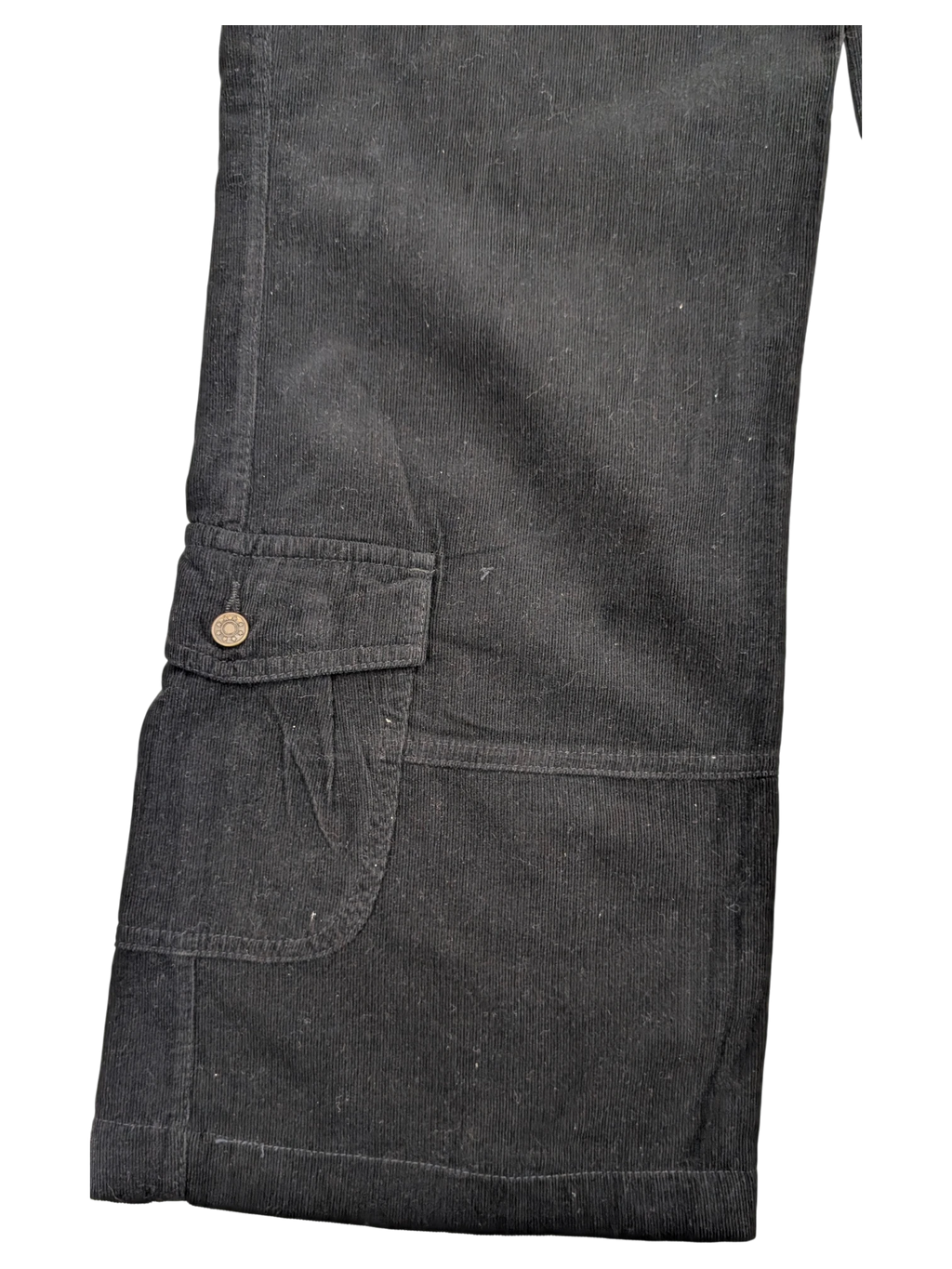 JAKE & IPI black corduroy cargo pants with button flap pocket and detailed stitching.