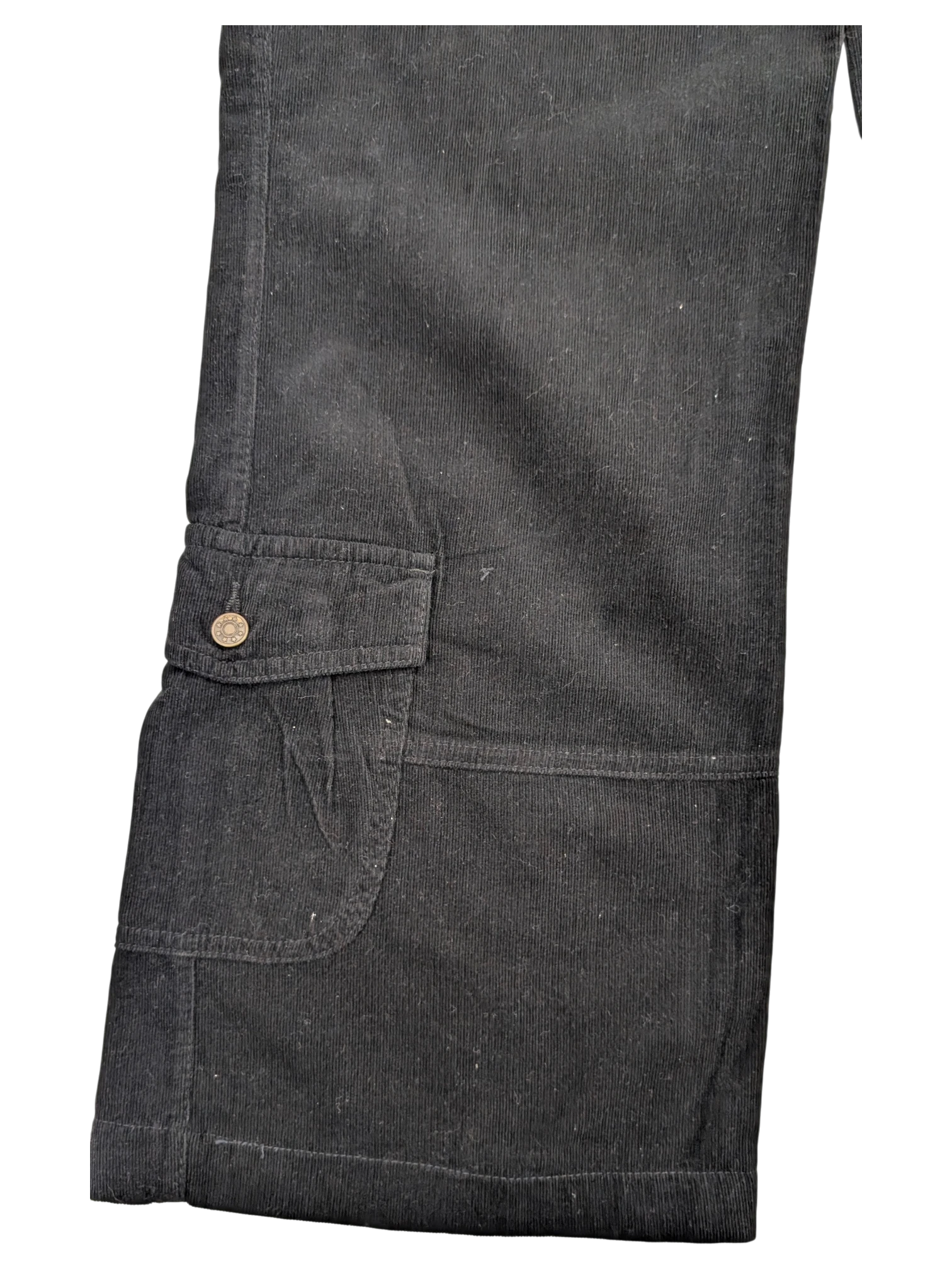 JAKE & IPI black corduroy cargo pants with button flap pocket and detailed stitching.