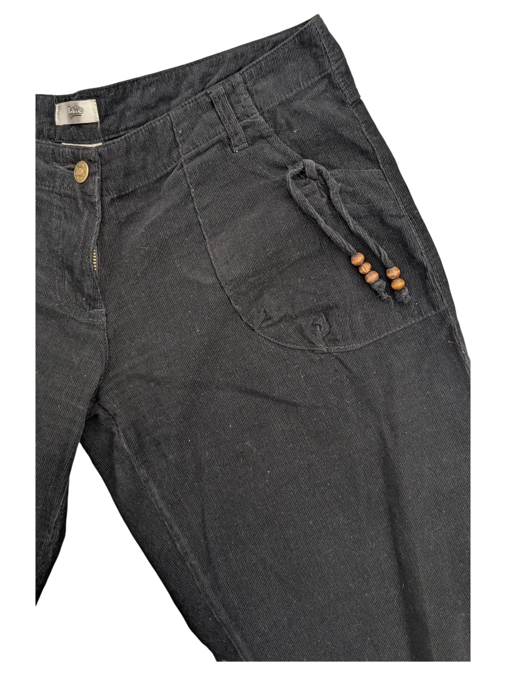 JAKE & IPI black corduroy cargo pants with drawstring detail and wooden beads on pocket.
