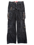 JAKE & IPI black corduroy cargo pants with multiple pockets, zip details, and adjustable straps.