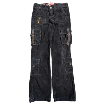 JAKE & IPI black corduroy cargo pants with multiple pockets, zip details, and adjustable straps.
