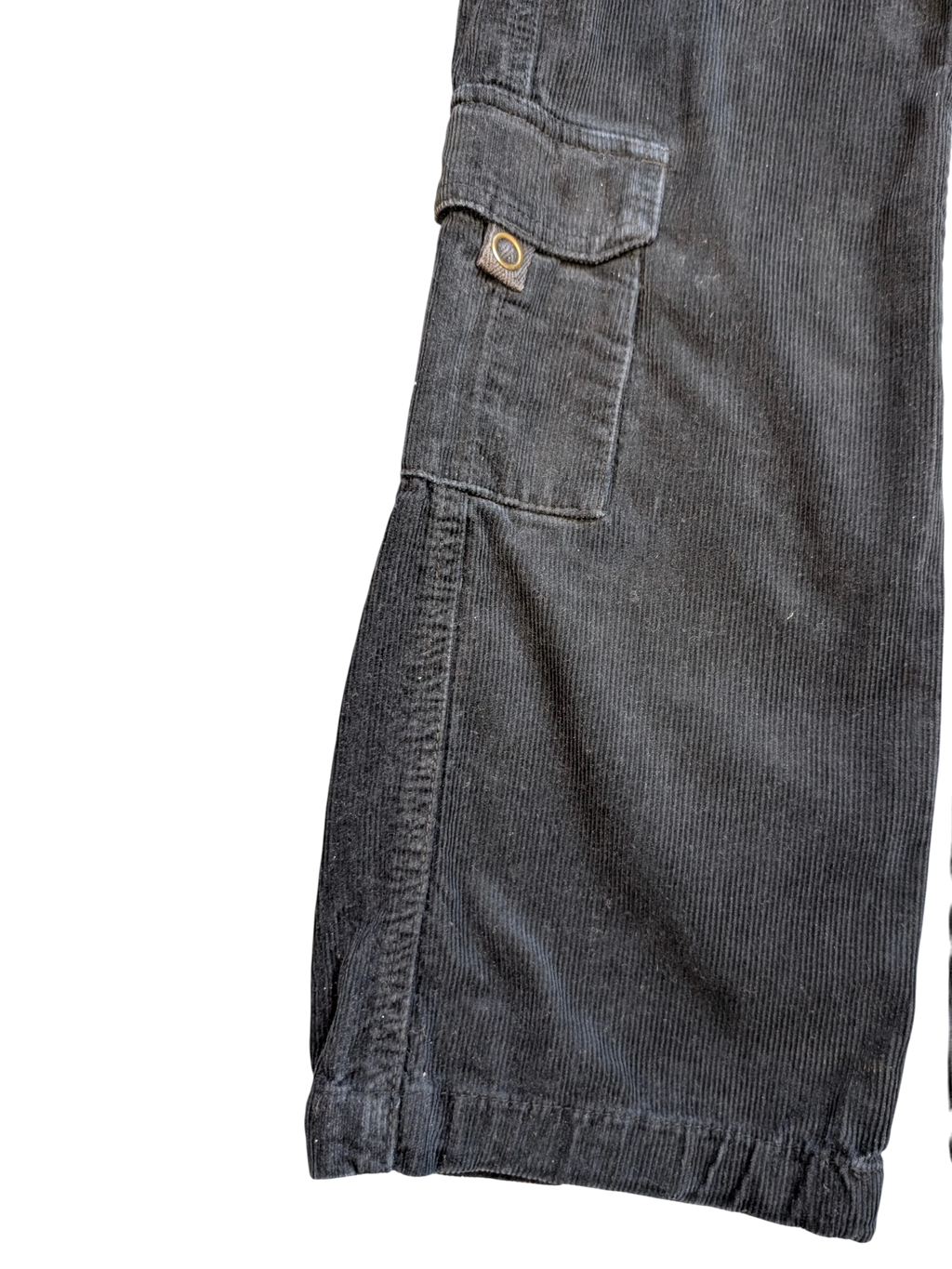 JAKE & IPI black corduroy cargo pants with buttoned flap pocket and drawstring hem.
