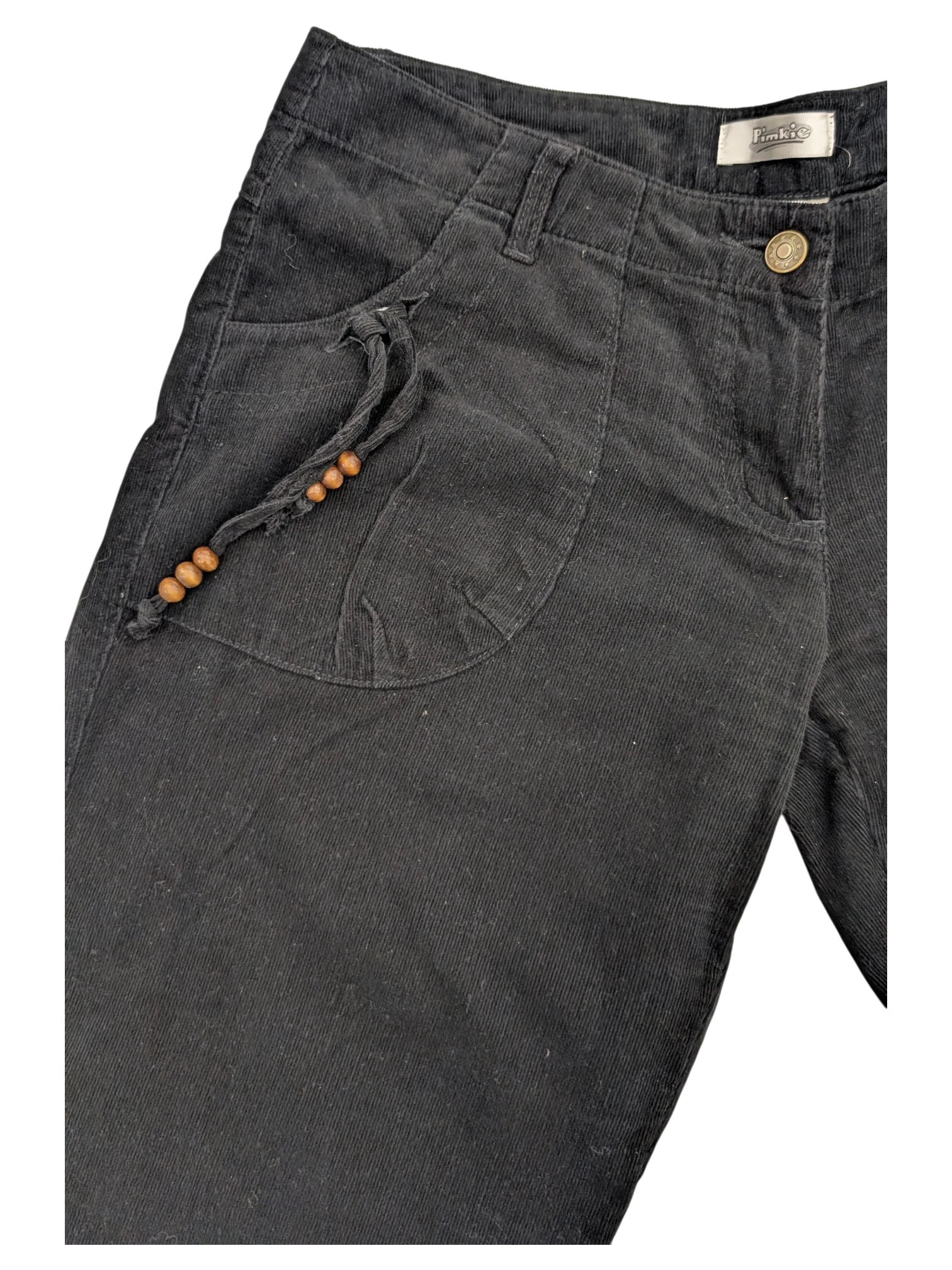 JAKE & IPI black corduroy cargo pants with drawstring detail and wooden beads.