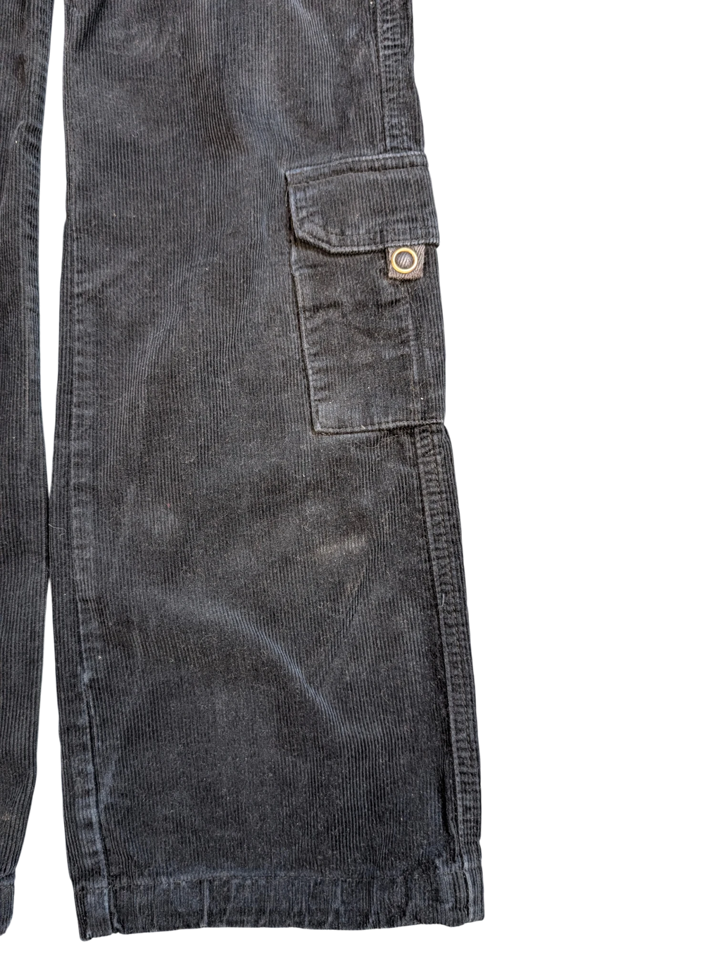 JAKE & IPI black corduroy cargo pants with a buttoned flap pocket and a small circular logo.