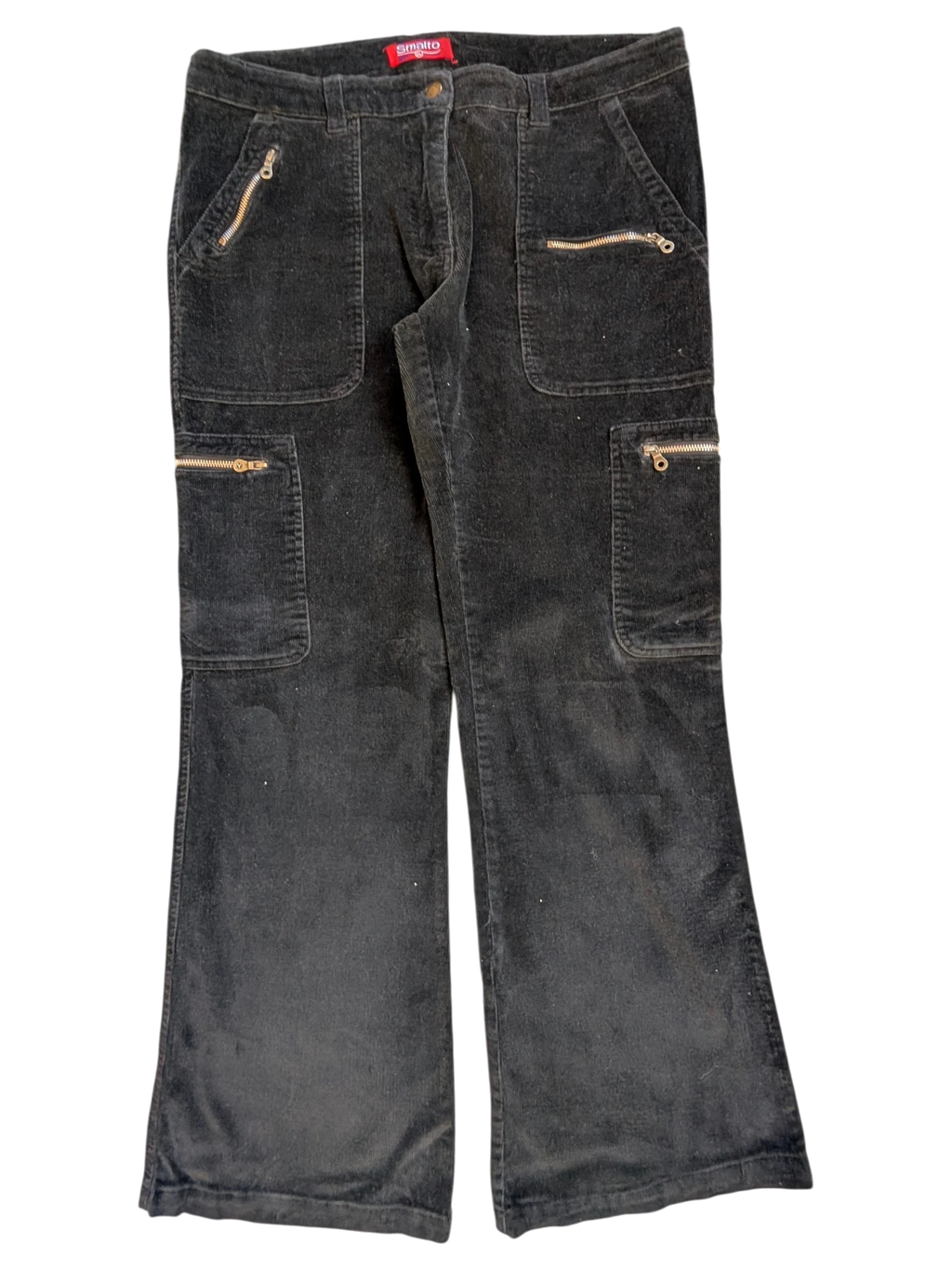 JAKE & IPI black corduroy cargo pants with zip pockets and flared leg. Size XL.