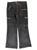 JAKE & IPI black corduroy cargo pants with zip pockets and flared leg. Size XL.