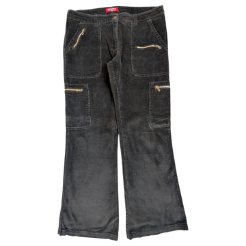 JAKE & IPI black corduroy cargo pants with zip pockets and flared leg. Size XL.