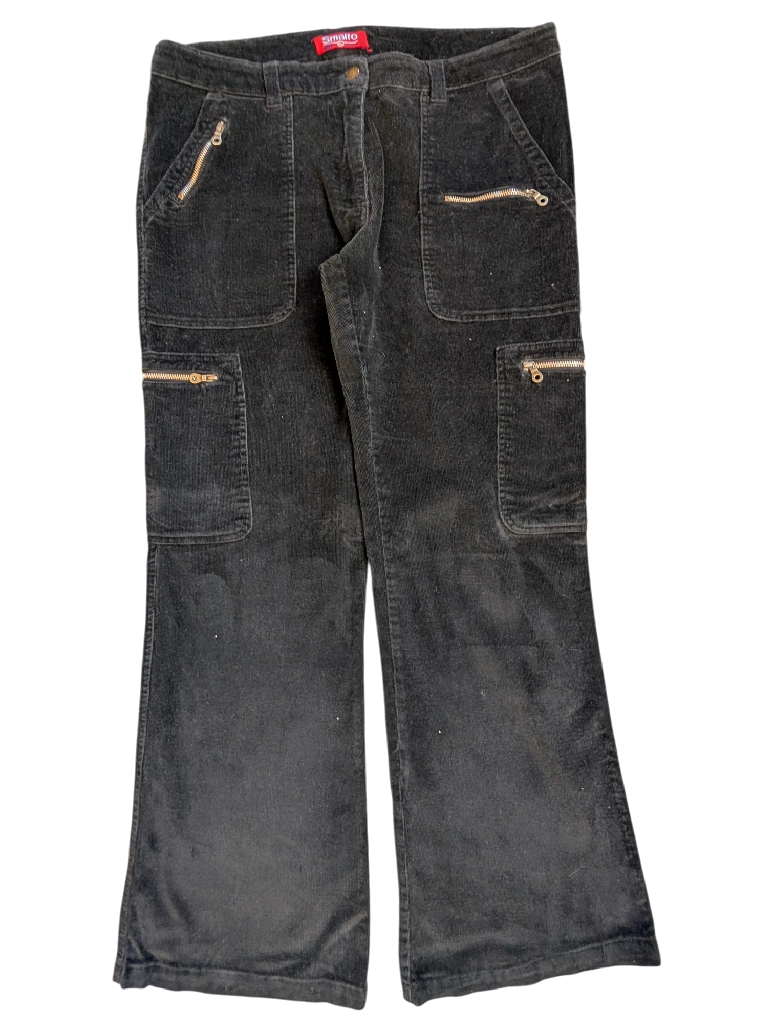 JAKE & IPI black corduroy cargo pants with zip pockets and flared leg. Size XL.