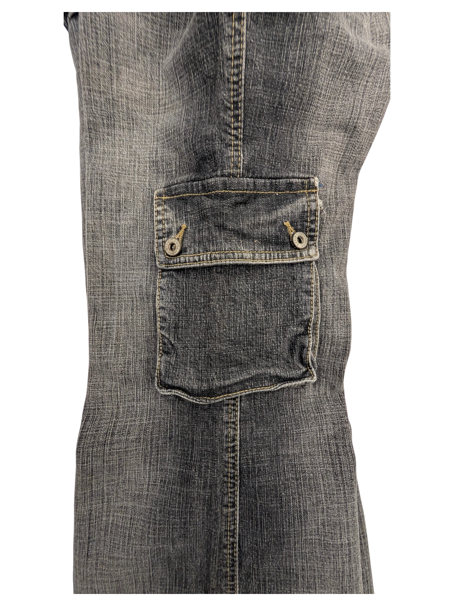 JAKE & IPI Davis Model cargo jeans in faded black denim with button-flap pockets and contrast stitching. W31 L32.
