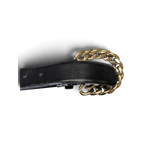 JAKE & IPI MNG Y2K style black faux leather belt featuring a chunky gold-tone chain link buckle detail.