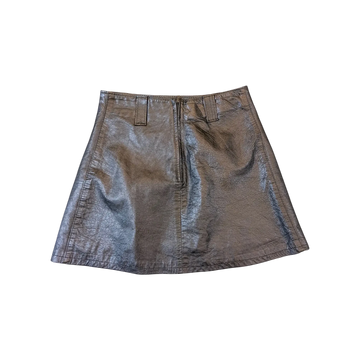 JAKE & IPI black faux leather mini skirt with a back zipper closure and belt loops, classic A-line silhouette.