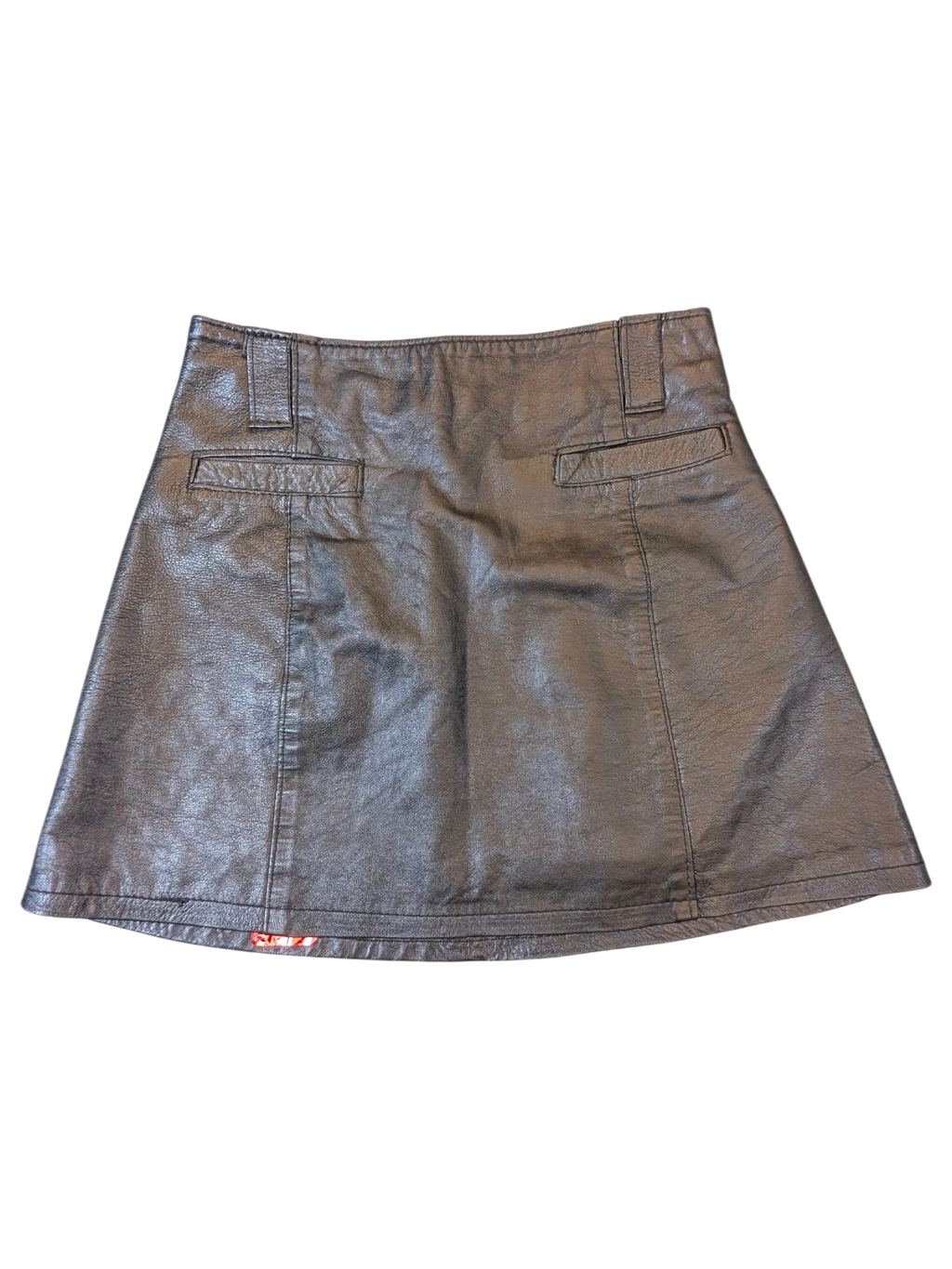 JAKE & IPI black faux leather mini skirt with belt loops and back pocket detailing.