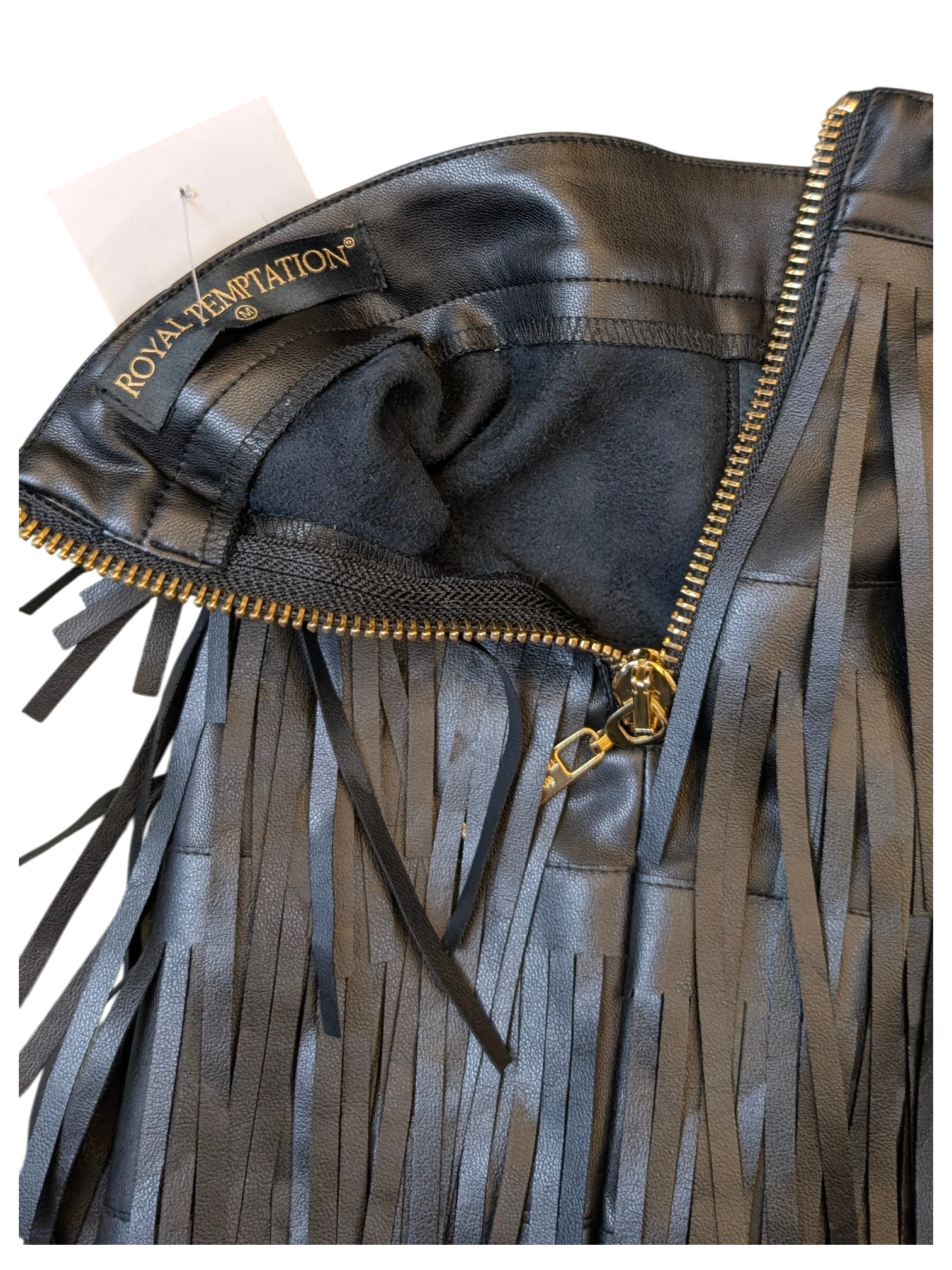 JAKE & IPI black faux leather mini skirt with fringe detailing and gold zipper closure by Royal Temptation