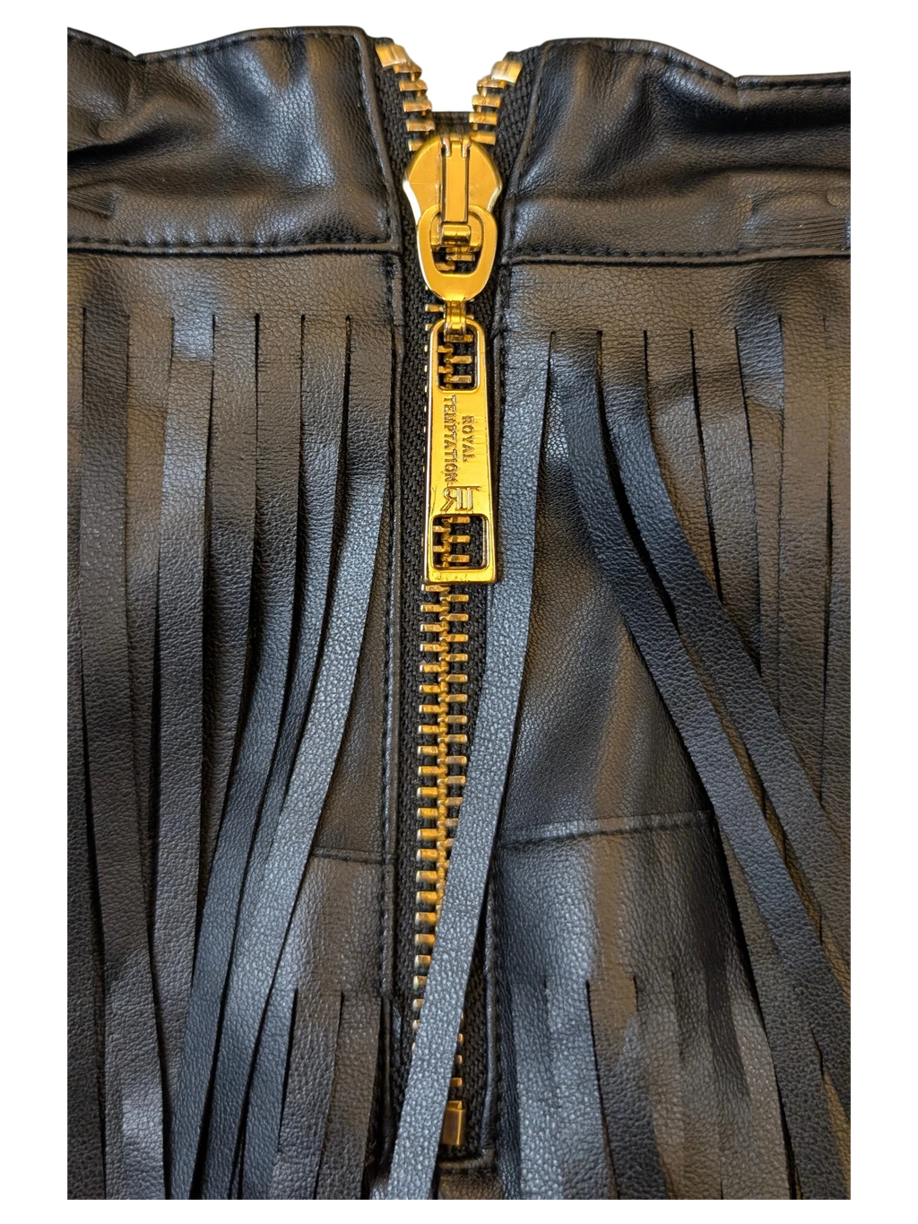 JAKE & IPI ROYAL TEMPTATION black faux leather mini skirt featuring long fringe detail and a gold-tone front zipper.