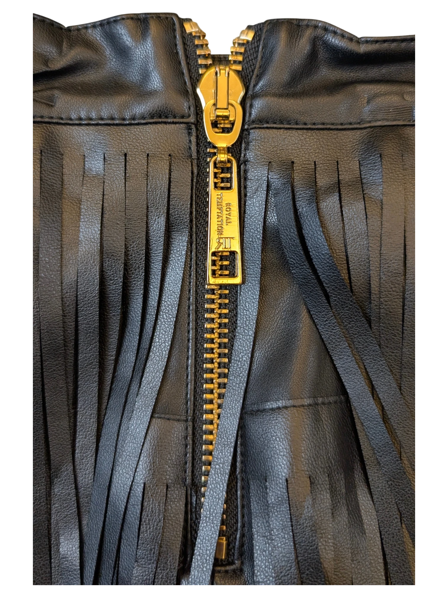JAKE & IPI ROYAL TEMPTATION black faux leather mini skirt featuring long fringe detail and a gold-tone front zipper.