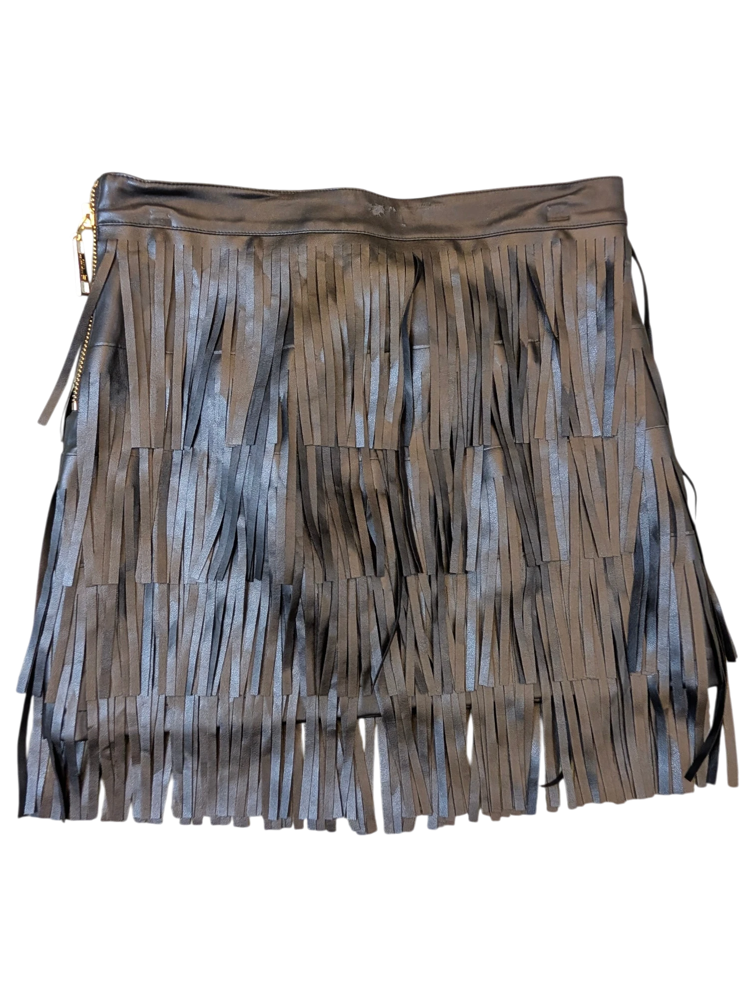 JAKE & IPI black faux leather mini skirt featuring layered fringe detailing and a side zipper closure.