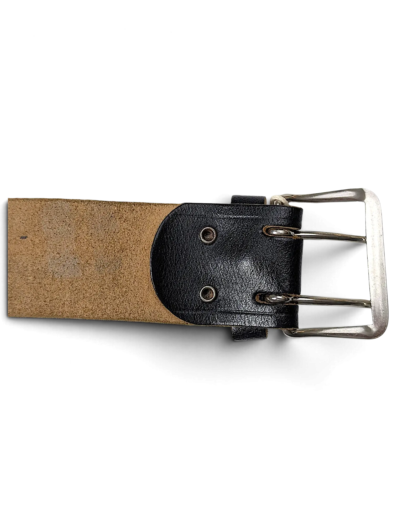 JAKE & IPI black leather belt featuring a sturdy metal double-prong buckle and reinforced eyelets.