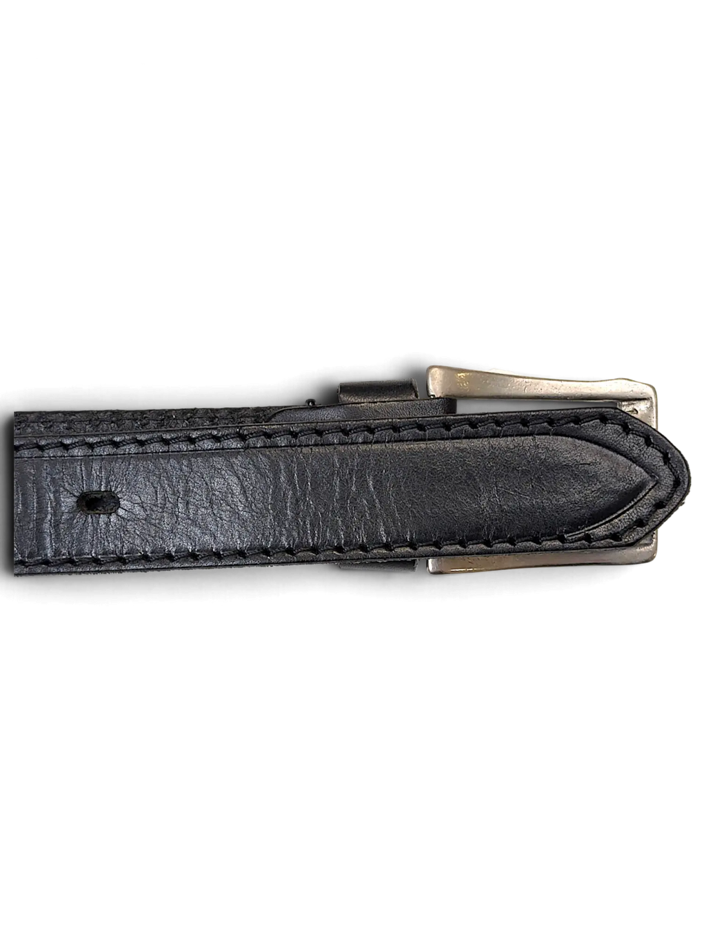 JAKE & IPI Apis black leather belt featuring detailed contrast stitching and a brushed metal buckle