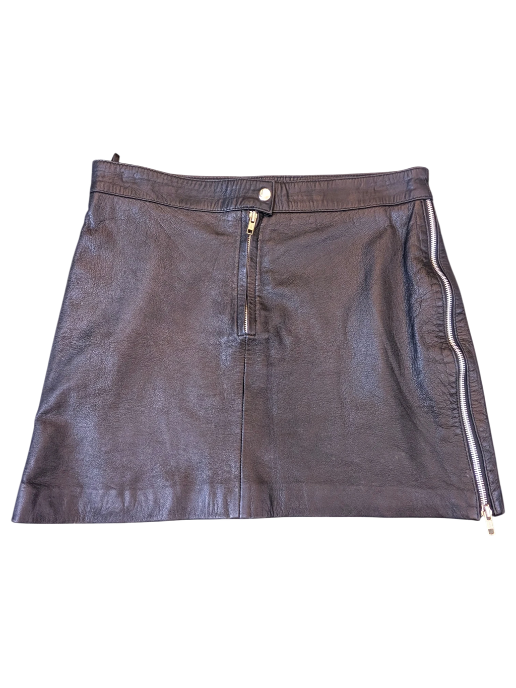 JAKE & IPI black leather mini skirt featuring a front zip closure and a side zipper detail.