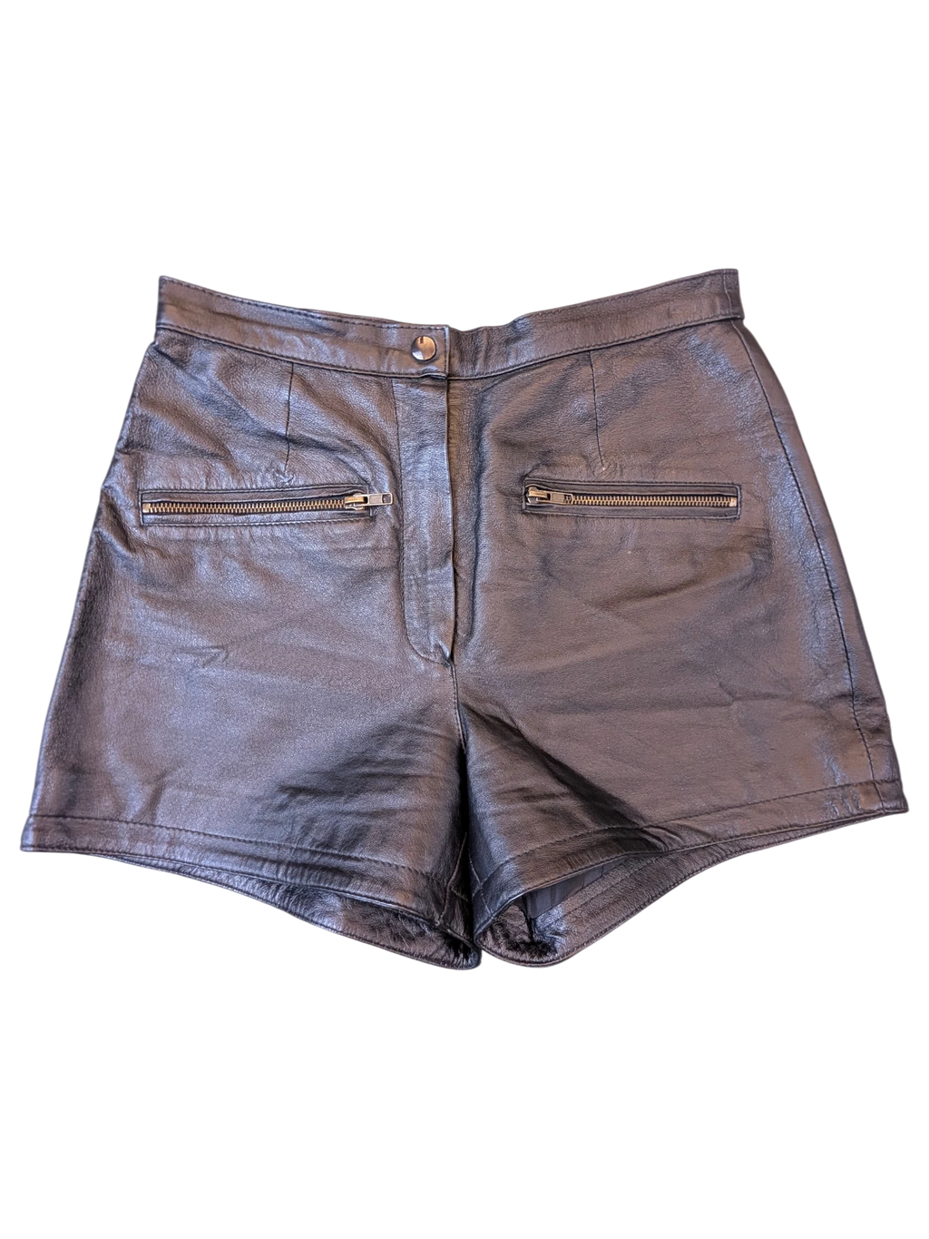 JAKE & IPI black leather shorts with a high-waisted fit, front button closure, and two zippered pockets.