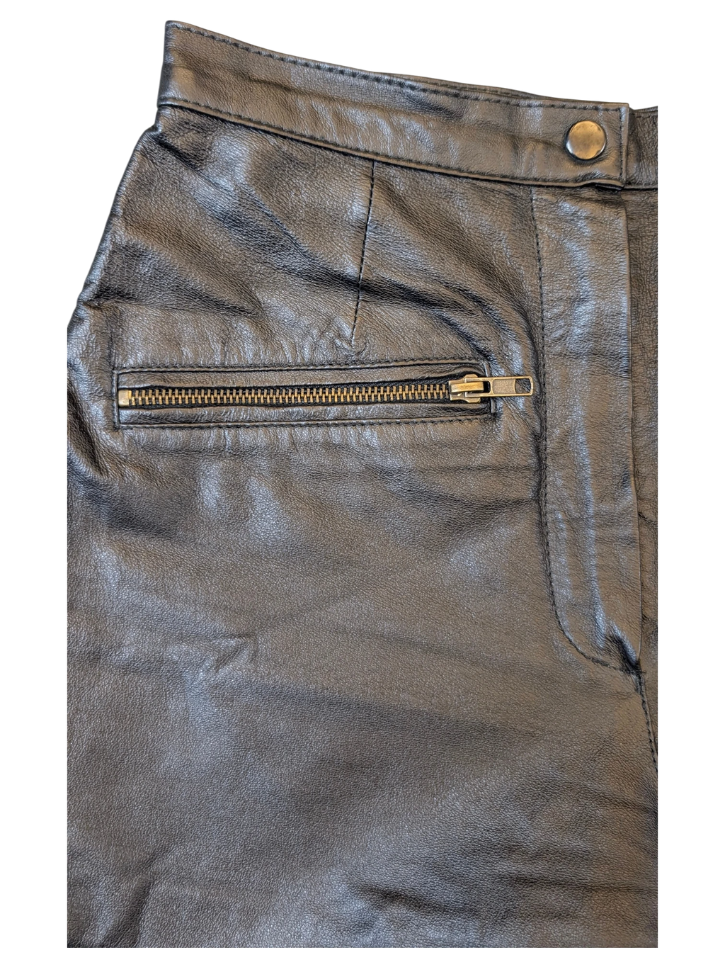 JAKE & IPI black leather shorts featuring a high-waisted design, metal zipper pocket, and snap button closure.