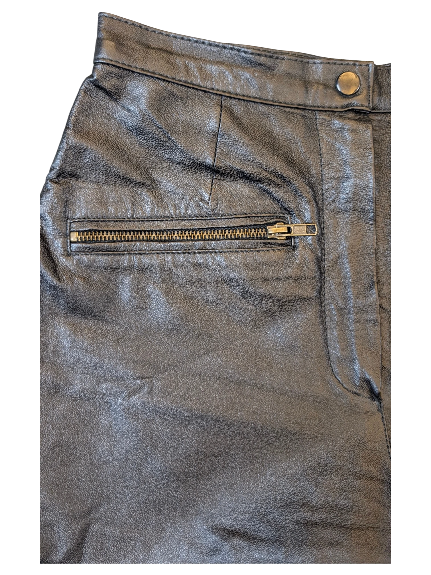 JAKE & IPI black leather shorts featuring a high-waisted design, metal zipper pocket, and snap button closure.