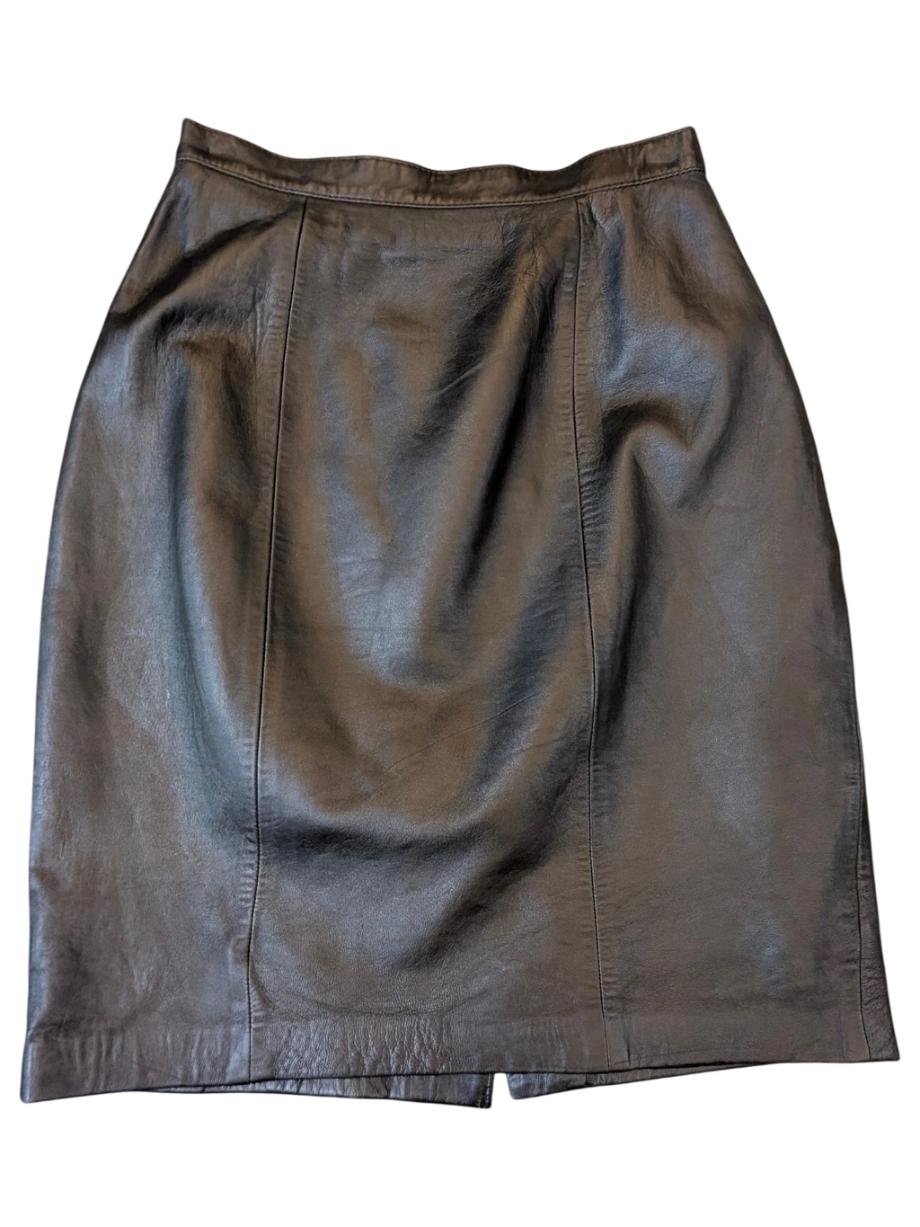 JAKE & IPI Giorgio Mobiani black leather pencil skirt with vertical seam detailing and a back vent.