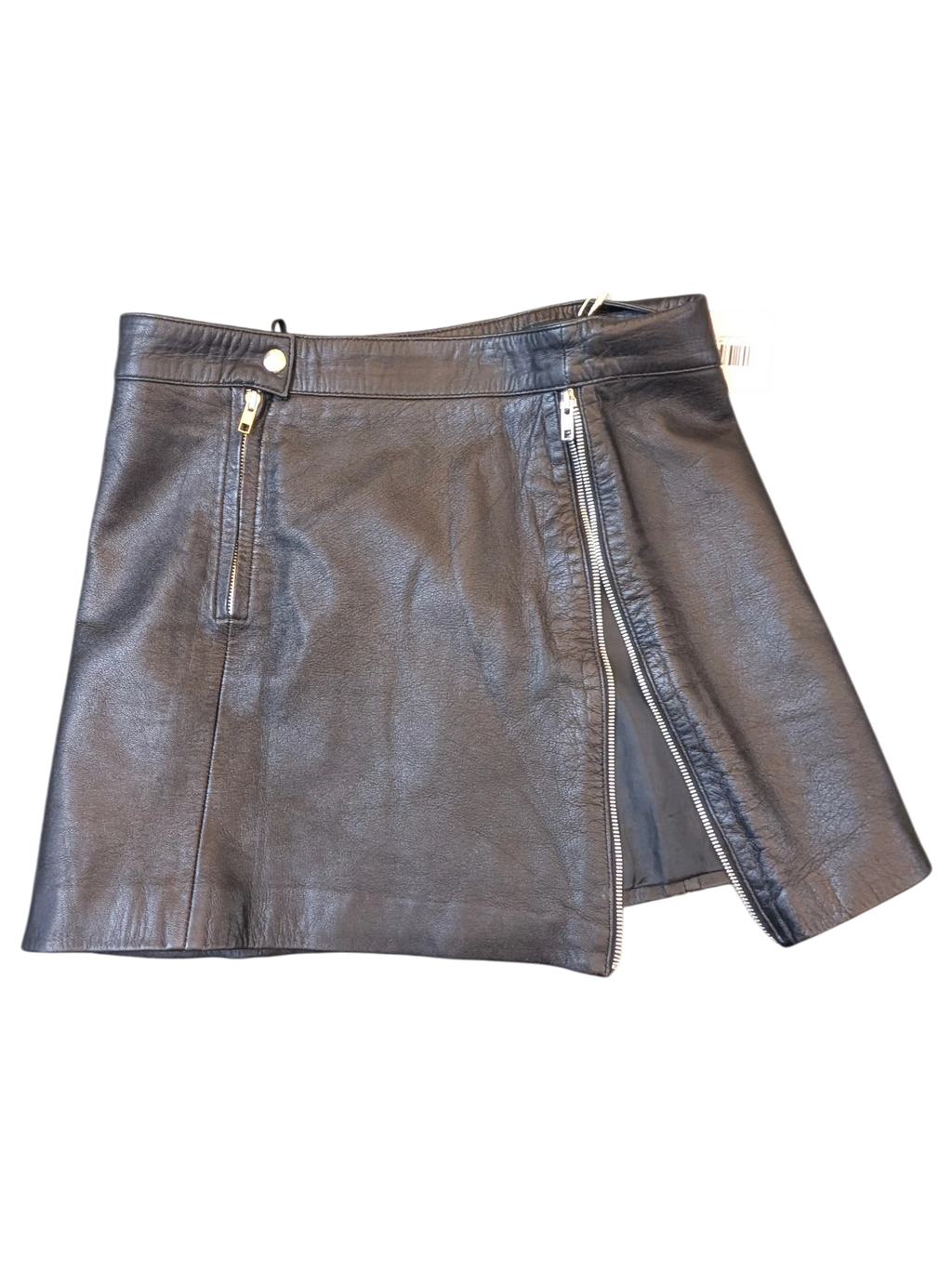 JAKE & IPI black leather mini skirt with a diagonal front zipper and side pocket detail.