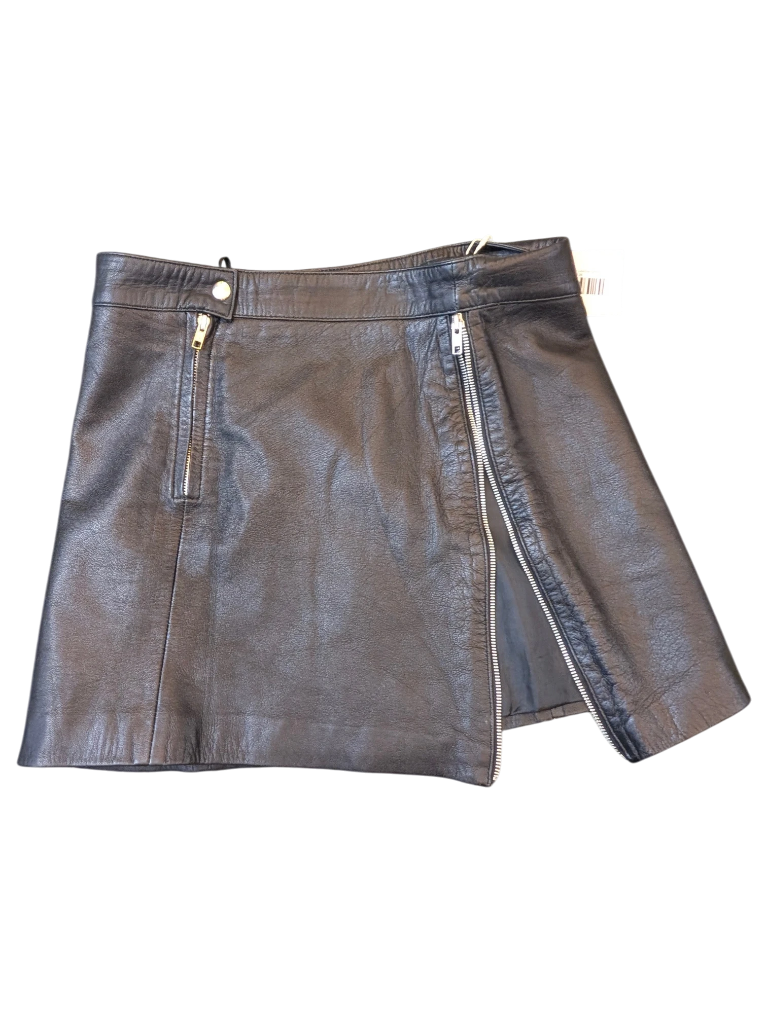 JAKE & IPI black leather mini skirt with a diagonal front zipper and side pocket detail.