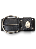 JAKE & IPI wide black leather belt with a textured reptile pattern and a large silver oval buckle