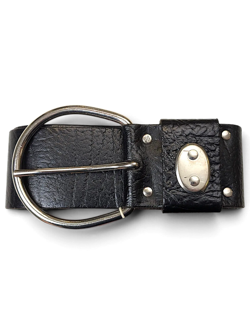 JAKE & IPI wide black leather belt with a textured reptile pattern and a large silver oval buckle