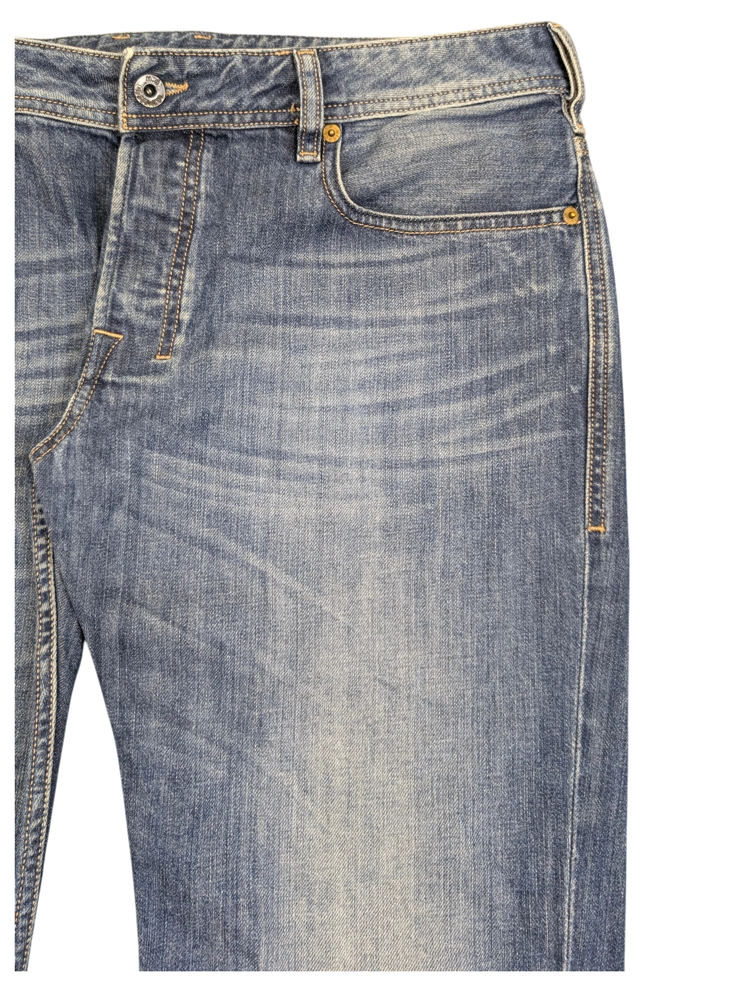 JAKE & IPI blue denim bootcut jeans with whiskering detail and button fly closure. W34 L32.