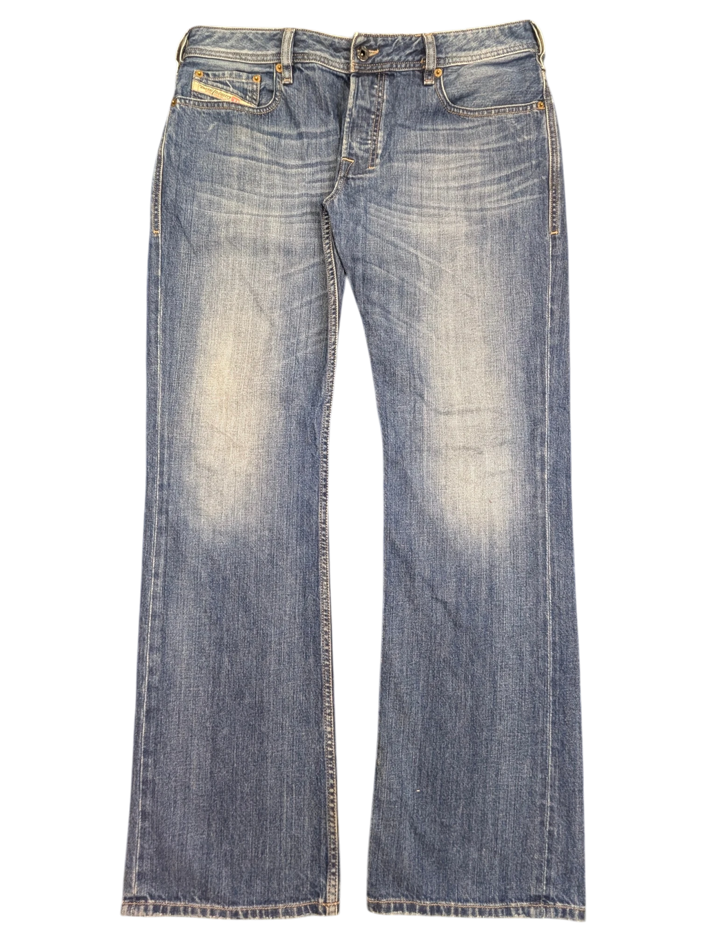 JAKE & IPI blue denim bootcut jeans with distressed detailing and button fly, size W34 L32.