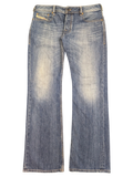 JAKE & IPI blue denim bootcut jeans with distressed detailing and button fly, size W34 L32.