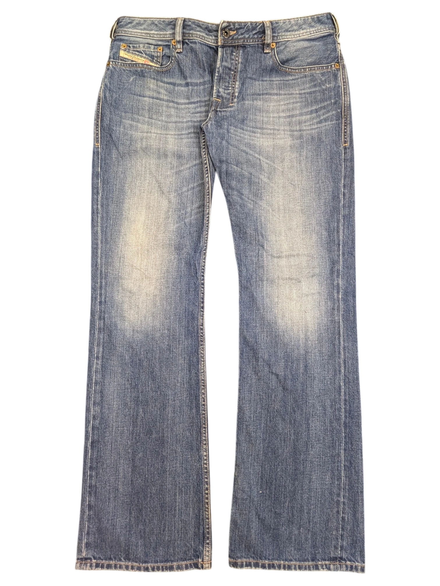 JAKE & IPI blue denim bootcut jeans with distressed detailing and button fly, size W34 L32.