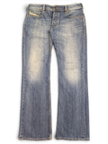 JAKE & IPI blue denim bootcut jeans with distressed detailing and button fly, size W34 L32.