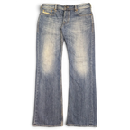 JAKE & IPI siniset bootcut-farkut kulutetuilla yksityiskohdilla ja nappihalkiolla, koko W34 L32.