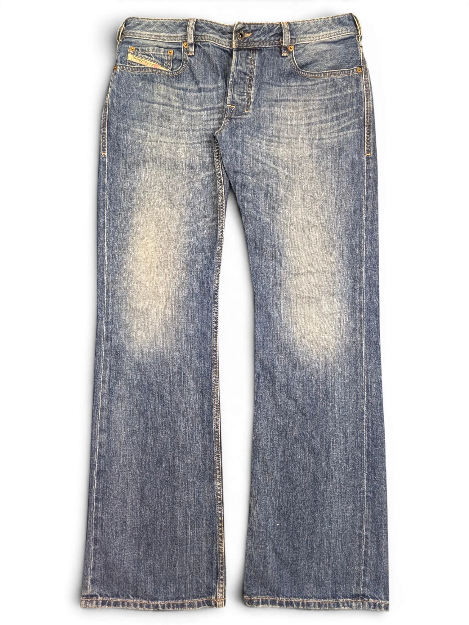 JAKE & IPI blue denim bootcut jeans with distressed detailing and button fly, size W34 L32.