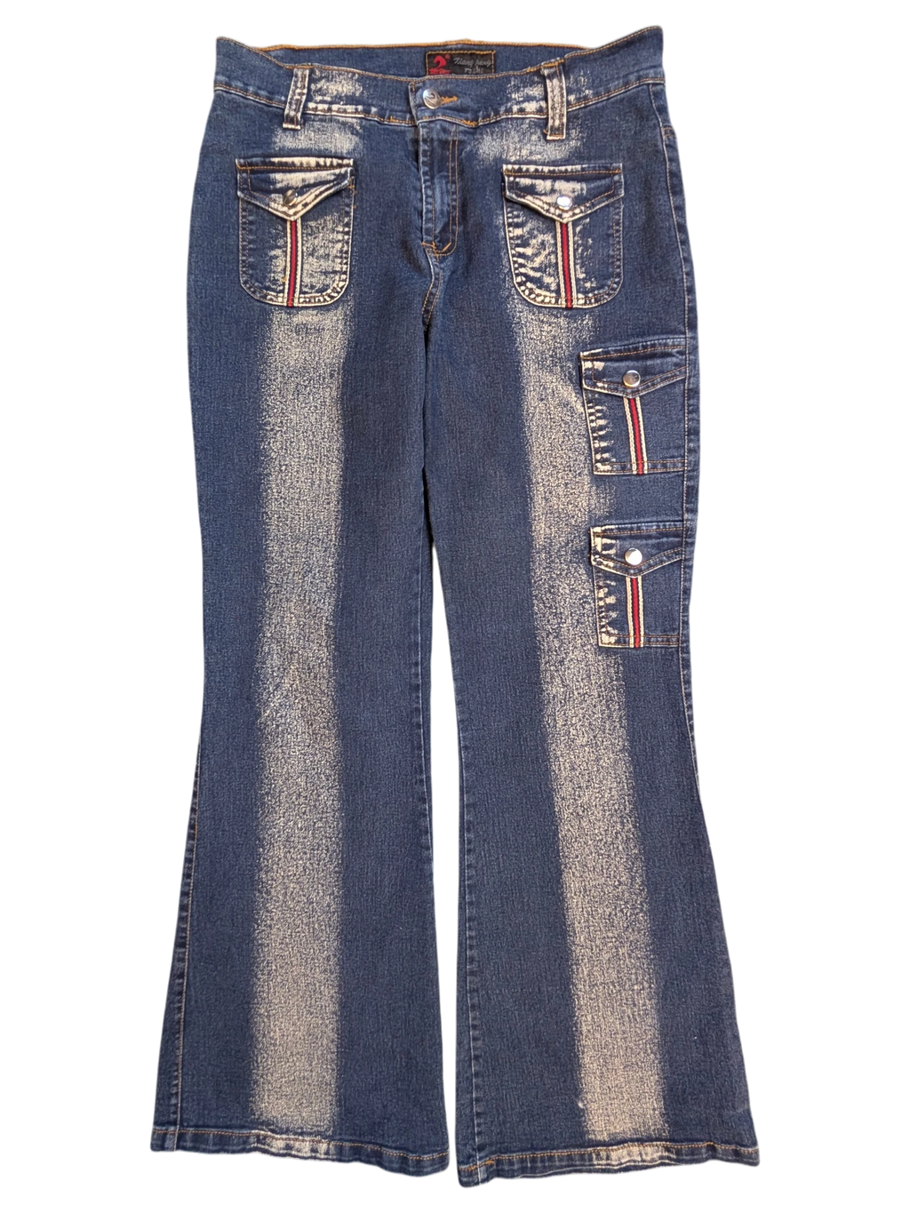 JAKE & IPI blue denim flare cargo pants with red and white stripe detail on pockets. Size 28.