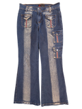 JAKE & IPI blue denim flare cargo pants with red and white stripe detail on pockets. Size 28.