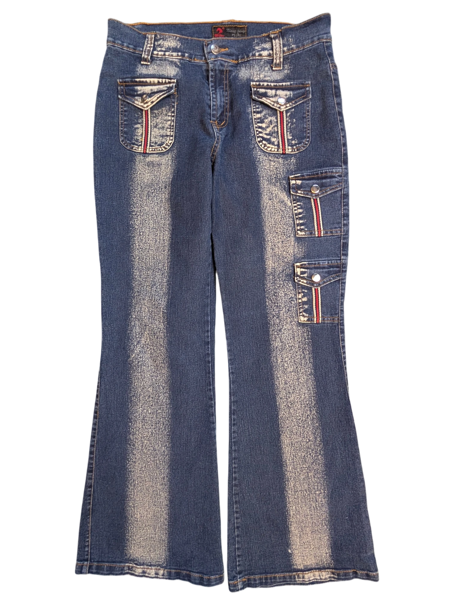 JAKE & IPI blue denim flare cargo pants with red and white stripe detail on pockets. Size 28.