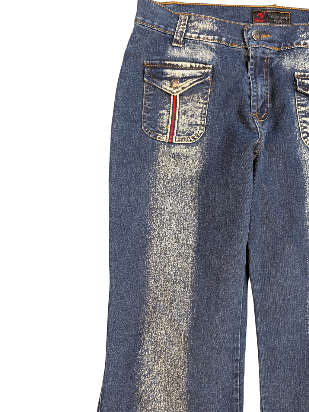JAKE & IPI blue denim cargo pants with front flap pockets featuring red and white stripe detail.