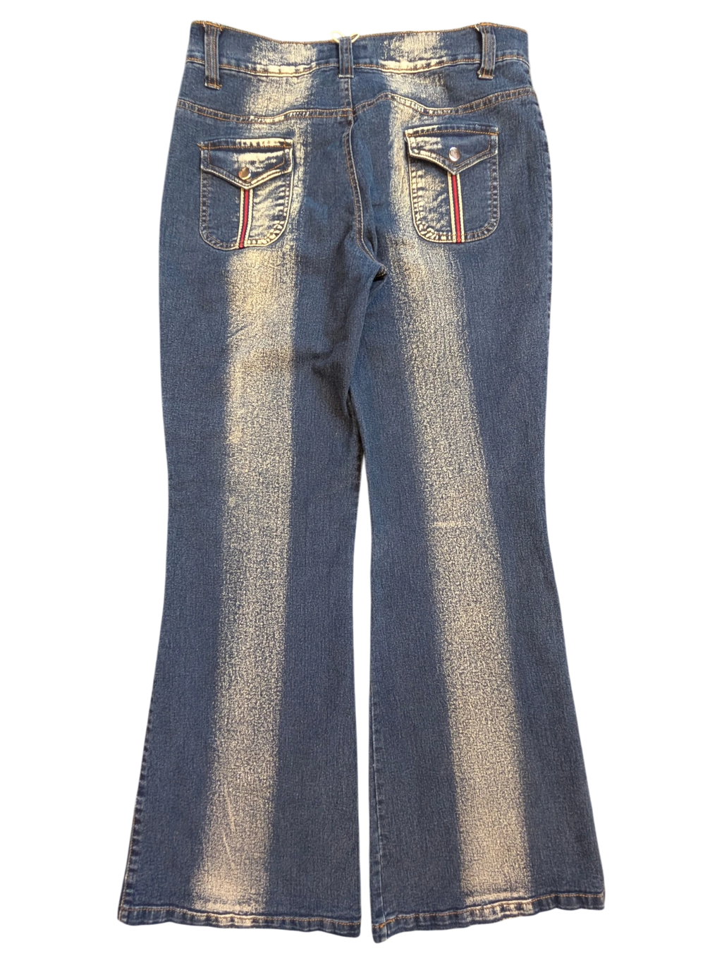 JAKE & IPI blue denim flare cargo pants with red and white stripe detail on back pockets.