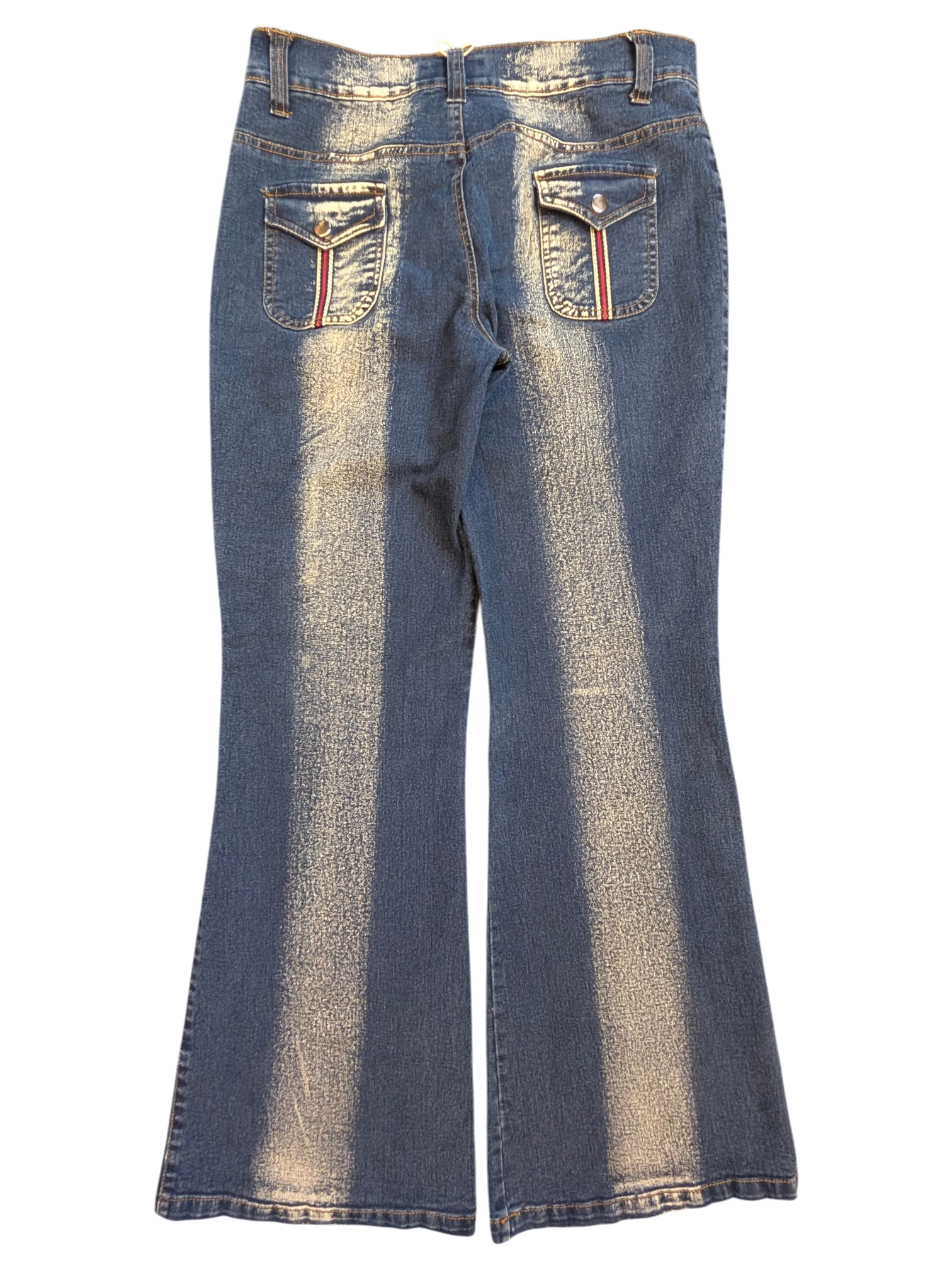 JAKE & IPI blue denim flare cargo pants with red and white stripe detail on back pockets.