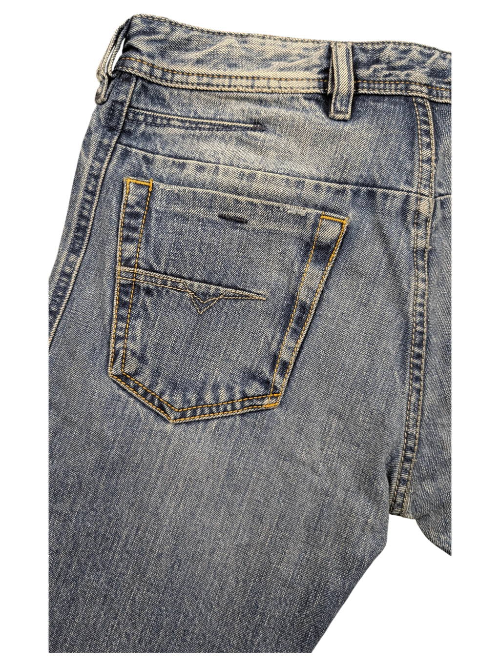 JAKE & IPI blue denim jeans with V-shaped back pocket detail and yellow stitching. Diesel Dughan W29 L32.